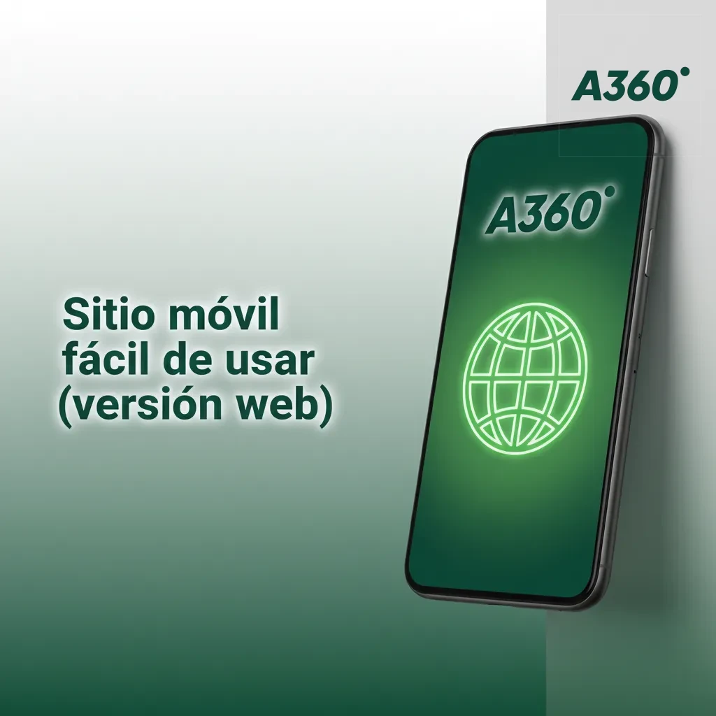 Versión web móvil de A360 en smartphone; sin descargas, bajo consumo de datos y acceso total a juegos, cobros y soporte.