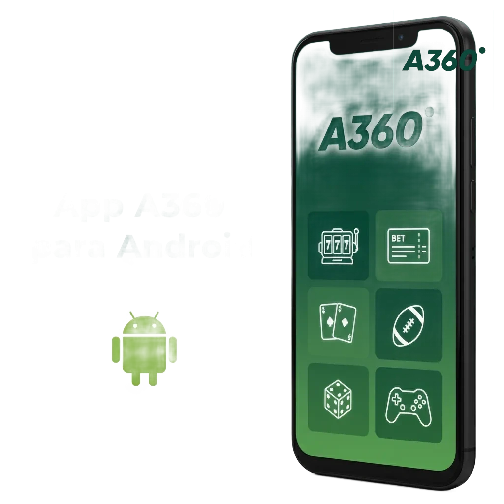 Pantalla de la app A360 para Android con iconos de apuestas y casino y botón de descarga gratuita.