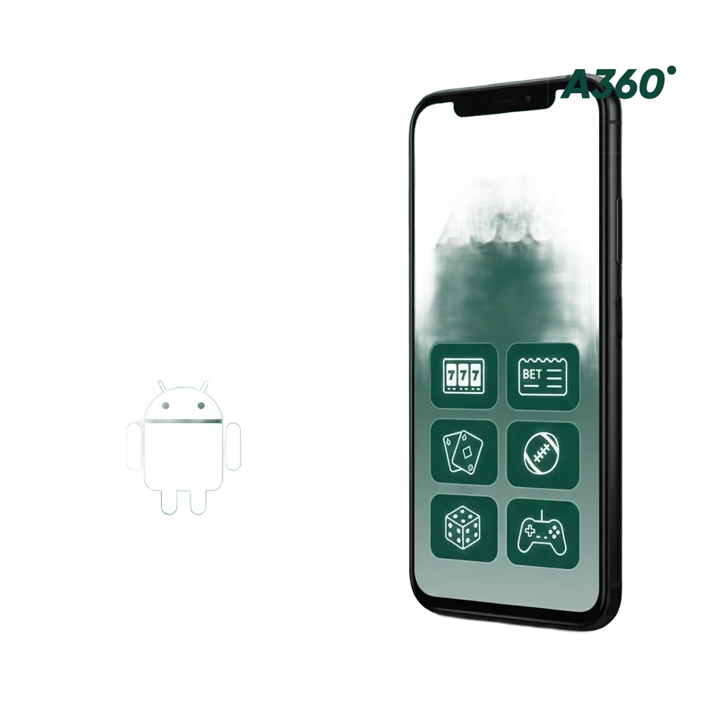 Smartphone mostrando la app Android A360: apuestas y casino móvil; descarga gratis y gestión de cuenta en minutos.