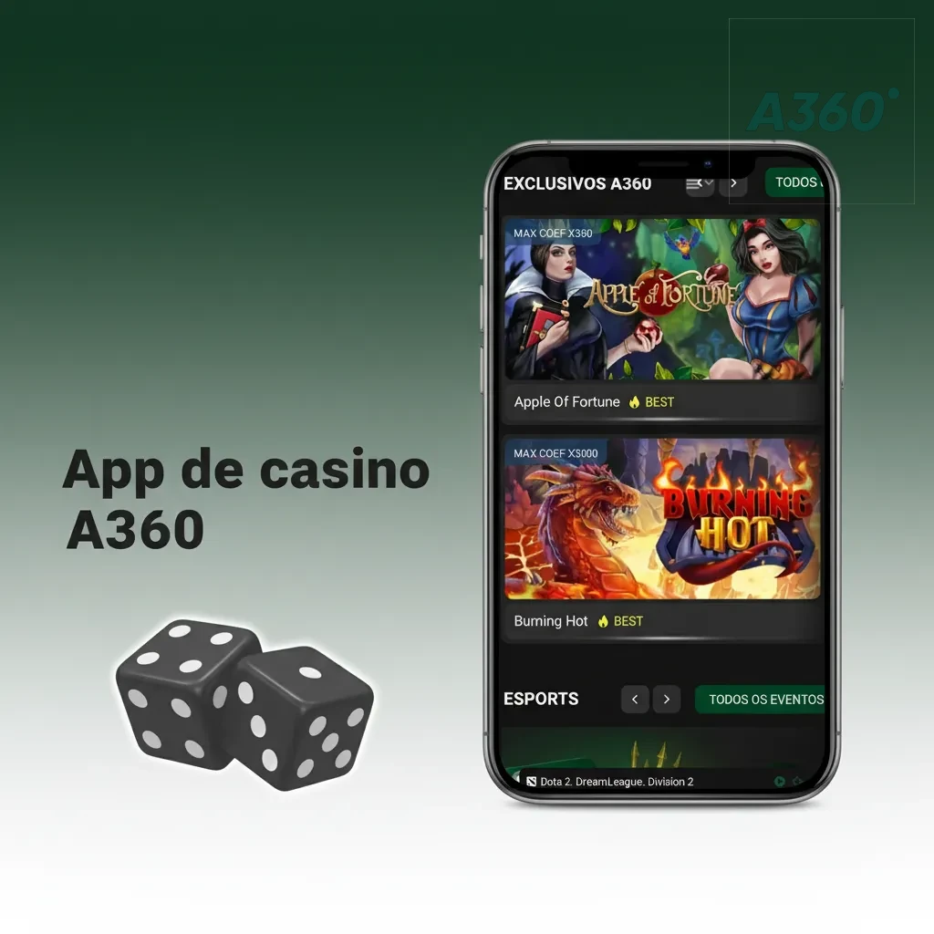 App de casino A360: inicio con eventos populares, cambio entre deportes y casino, slots, blackjack, ruleta y promociones.