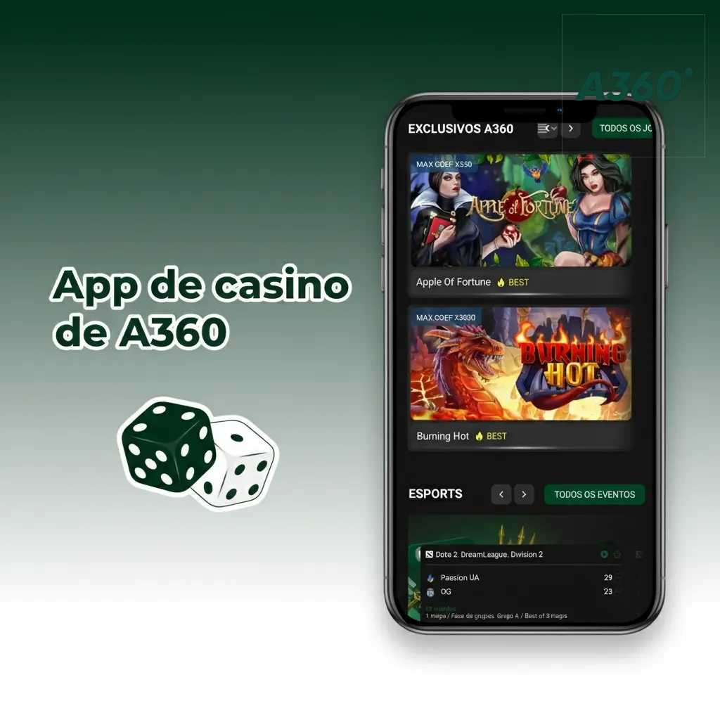 App A360: inicio con eventos en vivo, apuestas deportivas, ruleta, blackjack, slots y casino en vivo con crupieres.
