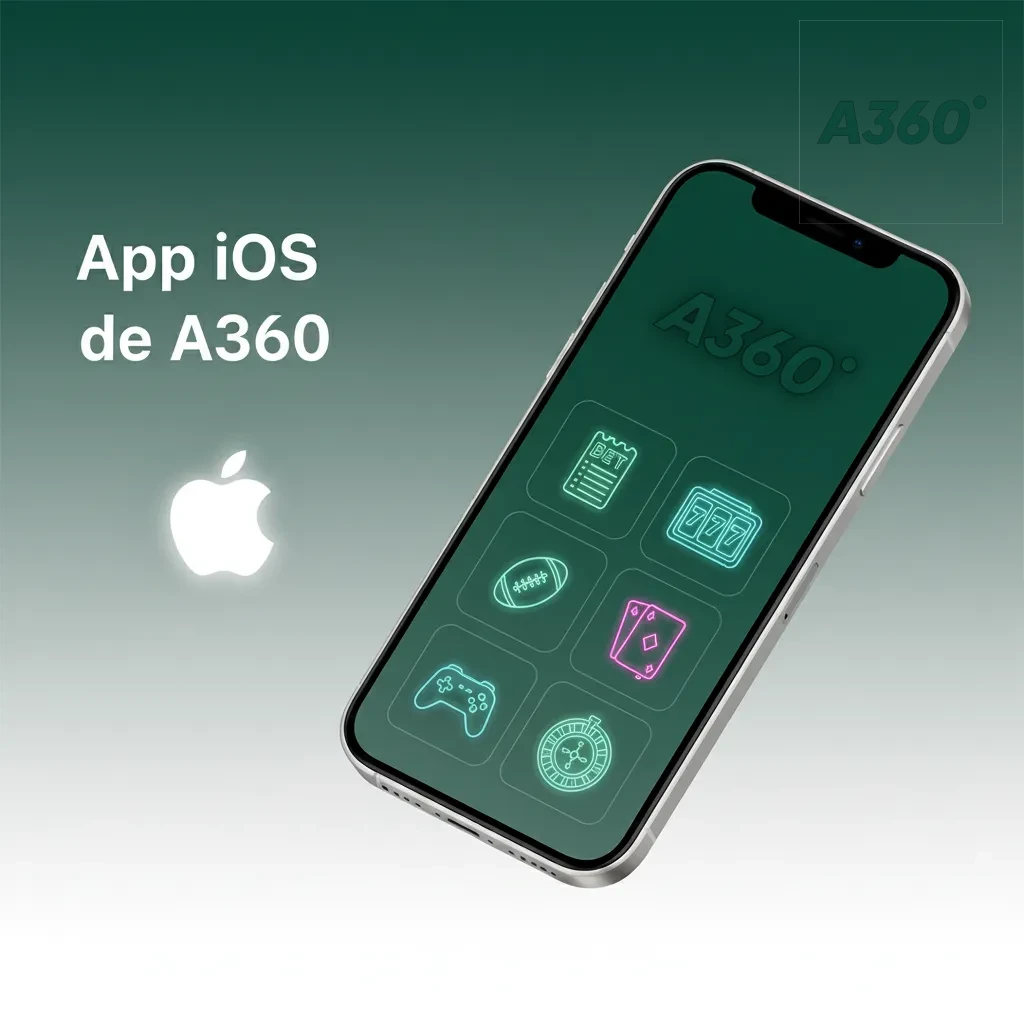 Pantallas de la app iOS de A360 en iPhone y iPad; apuestas, casino, pagos y retiros. Gratis, liviana, iOS 12+.