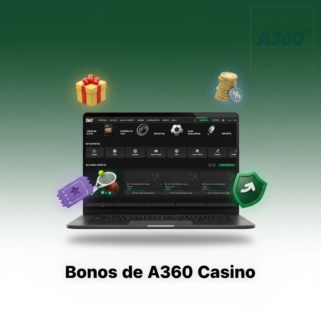 Banner de Bonos de A360 Casino: 50% slots martes, 10% cashback en vivo, giros fin de semana, torneos, juego del día.