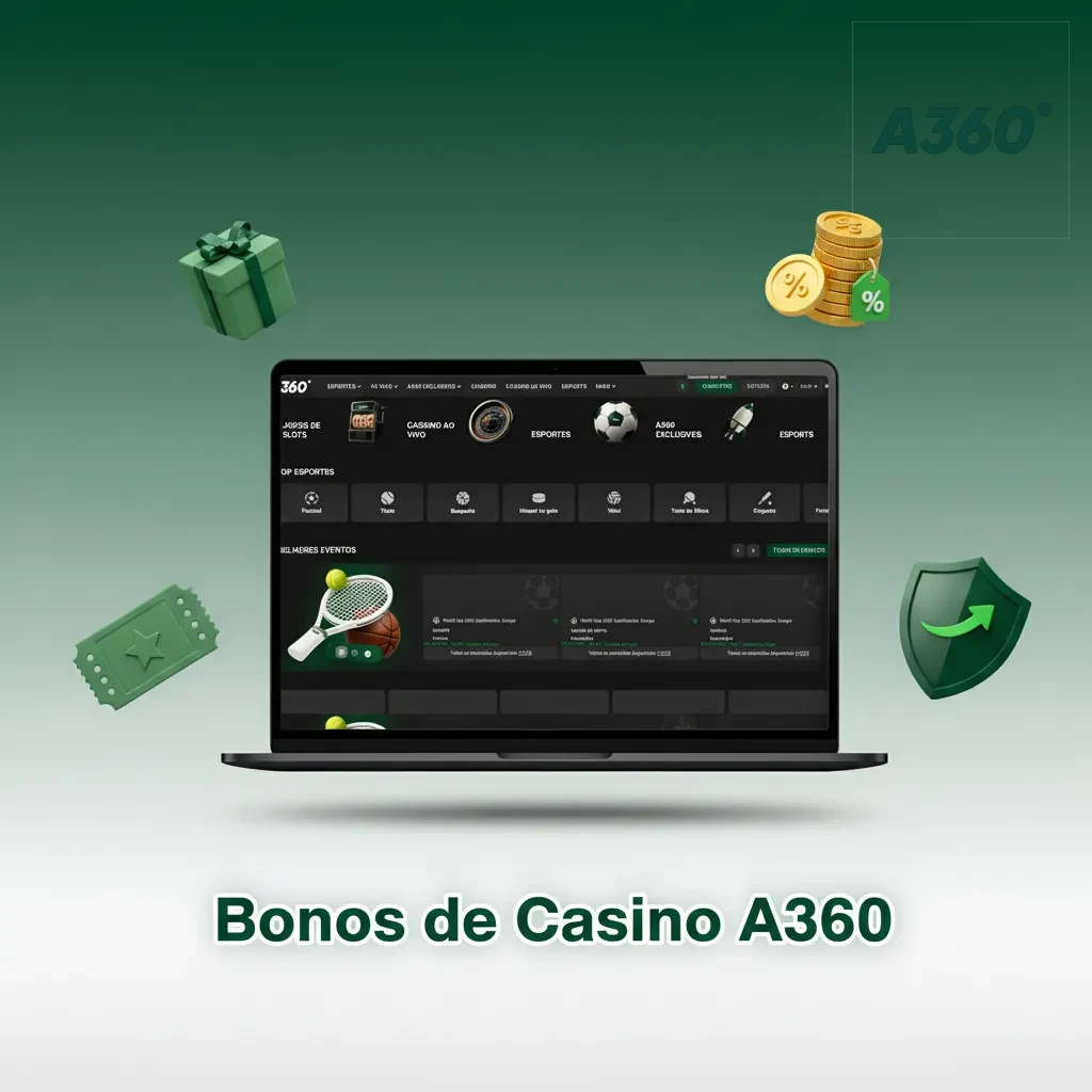 Banner Bonos de Casino A360: recarga slots 50% hasta COP 300.000, cashback 10% hasta 200.000, 30 giros, live 25%, torneos.