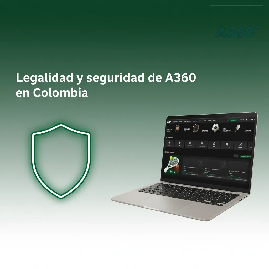 Gráfico sobre legalidad y seguridad de A360 en Colombia: licencia, Coljuegos, juego responsable y protección de datos.