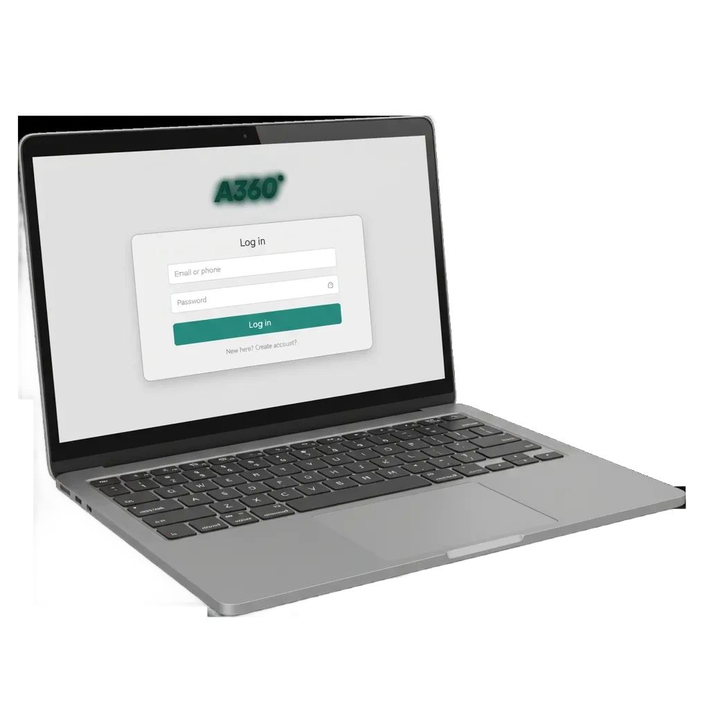 Página de inicio de sesión de A360 Chile con correo o celular y contraseña, opción 2FA, acceso a apuestas y casino