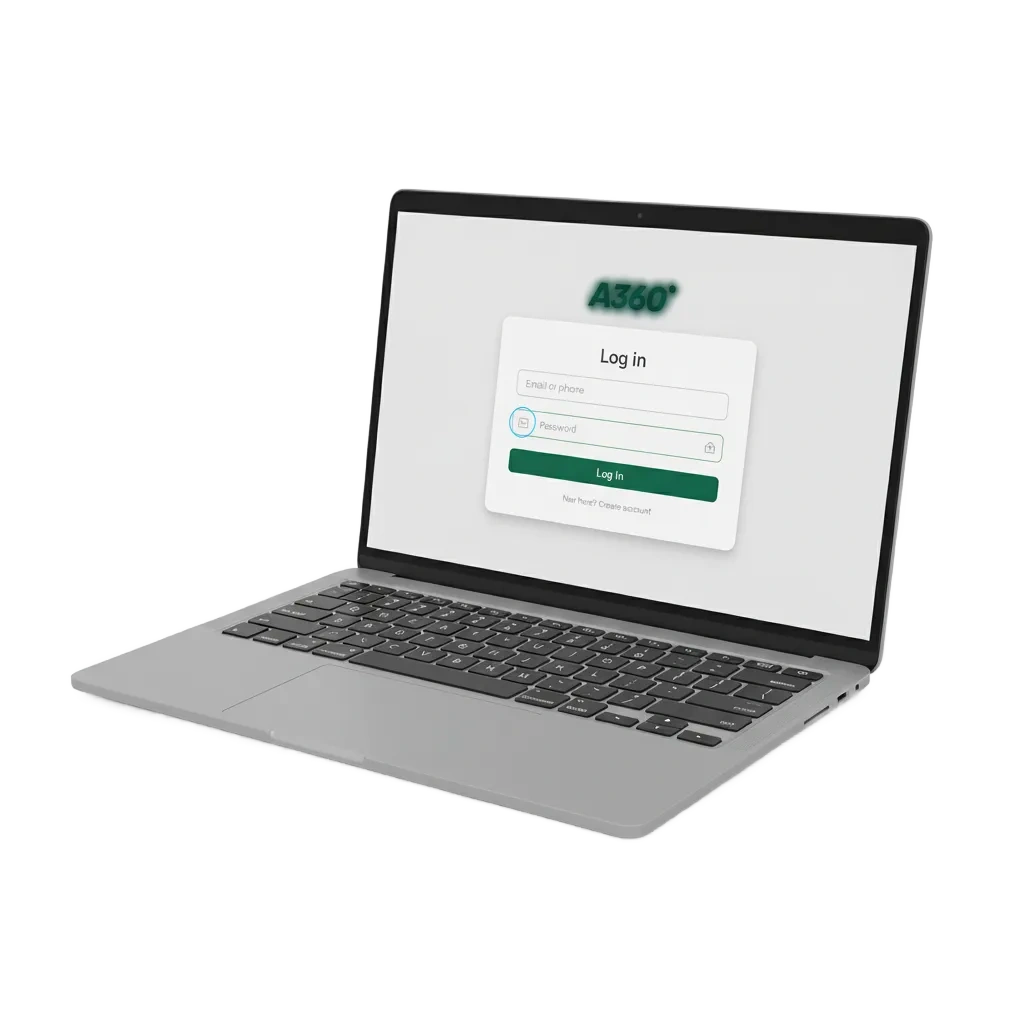 Pantalla de inicio de sesión A360 Perú con correo/teléfono y contraseña, opción 2FA y acceso a apuestas, casino y bonos.