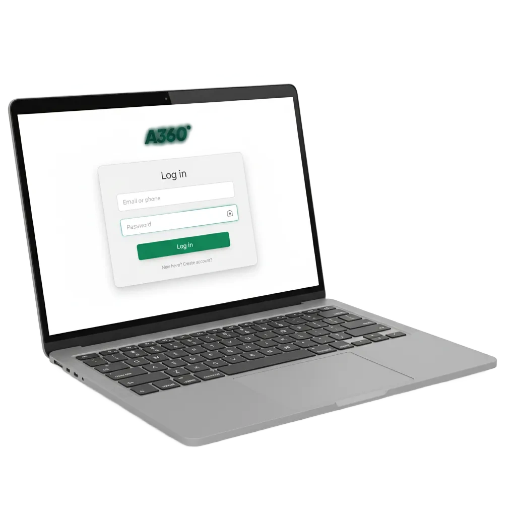 Pantalla de inicio de sesión de A360 México con campos de correo/teléfono/usuario y contraseña, apps iOS/Android y 2FA.