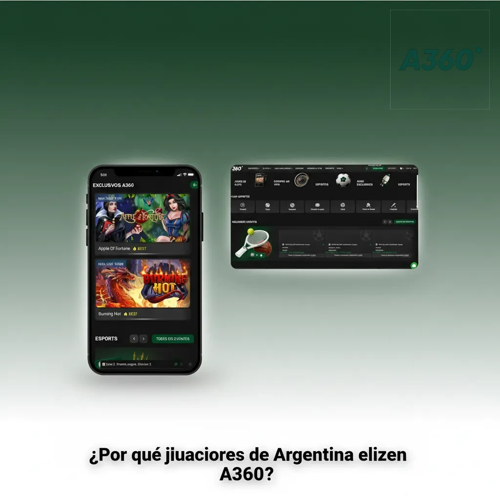Banner de A360 para Argentina con iconos: pagos en pesos, soporte 24/7, slots y mesas, bonos claros, app móvil y KYC simple.