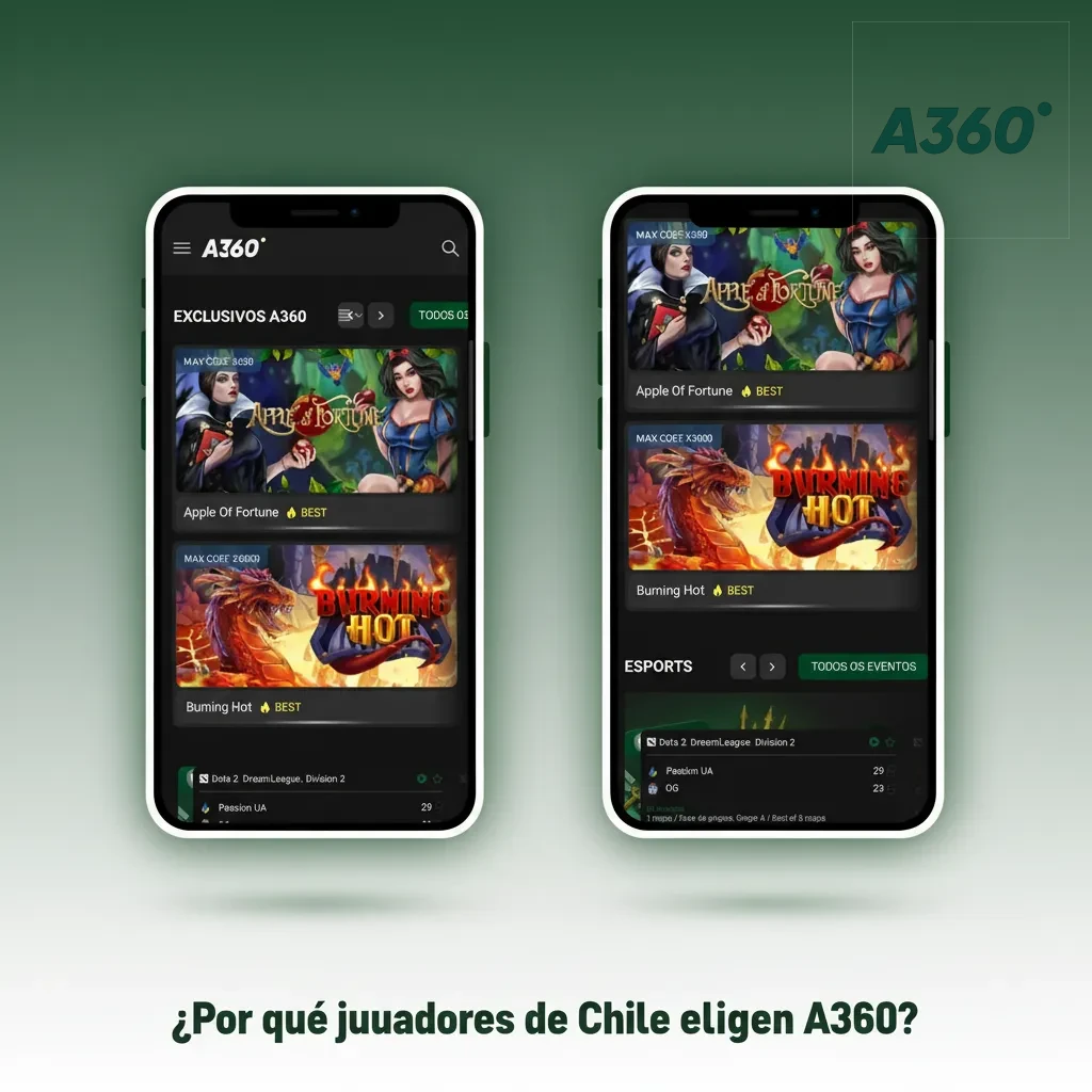 Banner A360 Chile: CLP, Mercado Pago/AstroPay/WebPay, slots y ruleta, soporte 24/7 en español, PWA ligera.