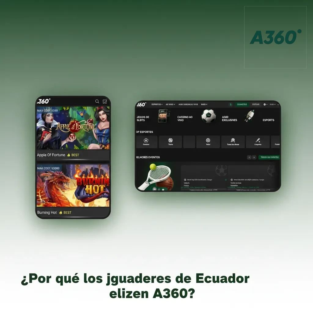 Banner de A360 para Ecuador: pagos locales rápidos en USD, bono de bienvenida, slots y ruleta, soporte 24/7 y juego móvil.